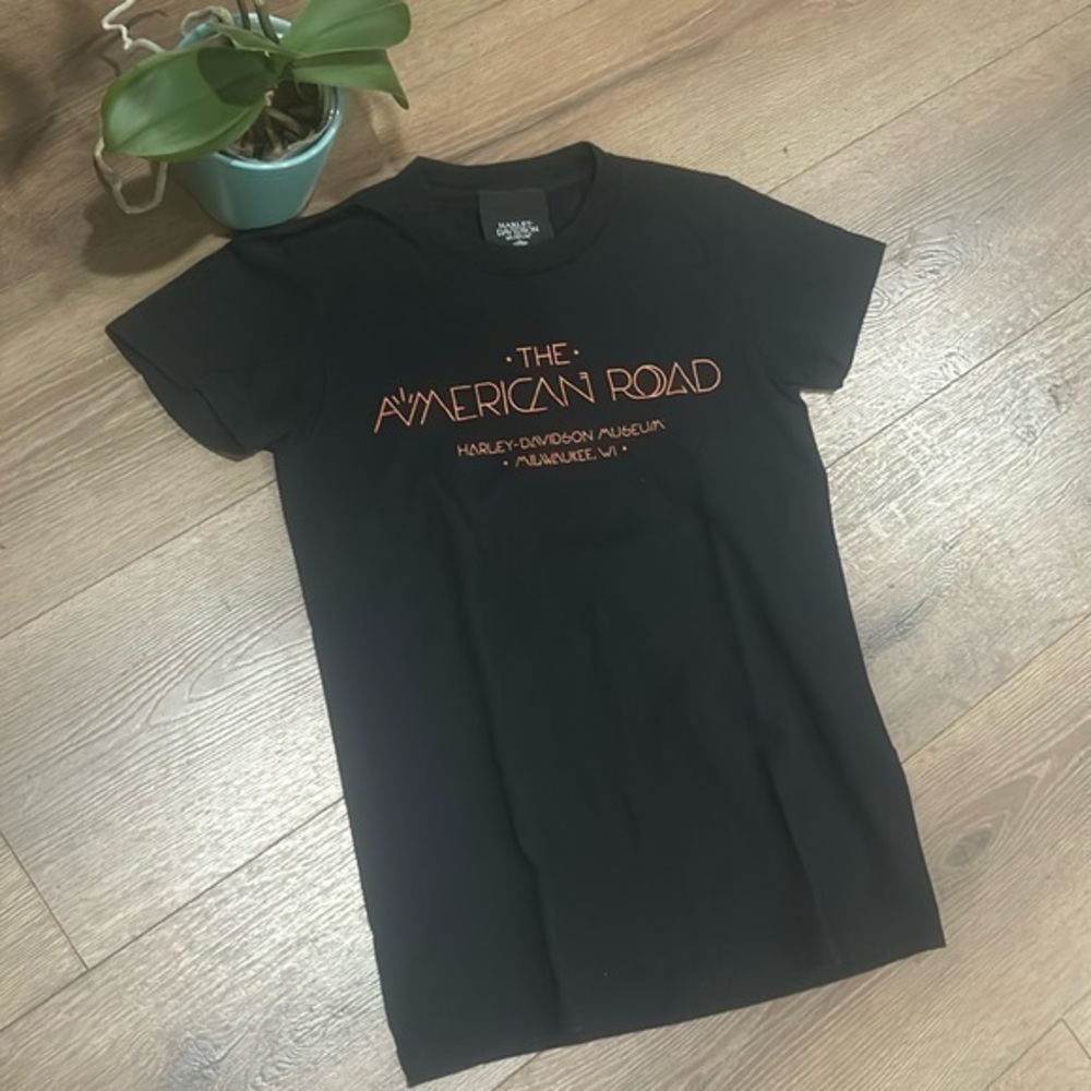 Harley-Davidson Black Tee with Orange 'The American Road' Script
